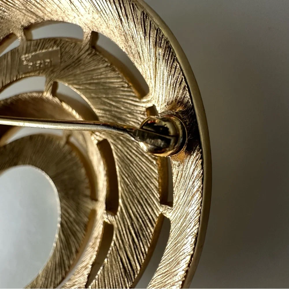 Trifari White Enamel and Gold Tone Brooch-Signed Crown Trifari Vintage